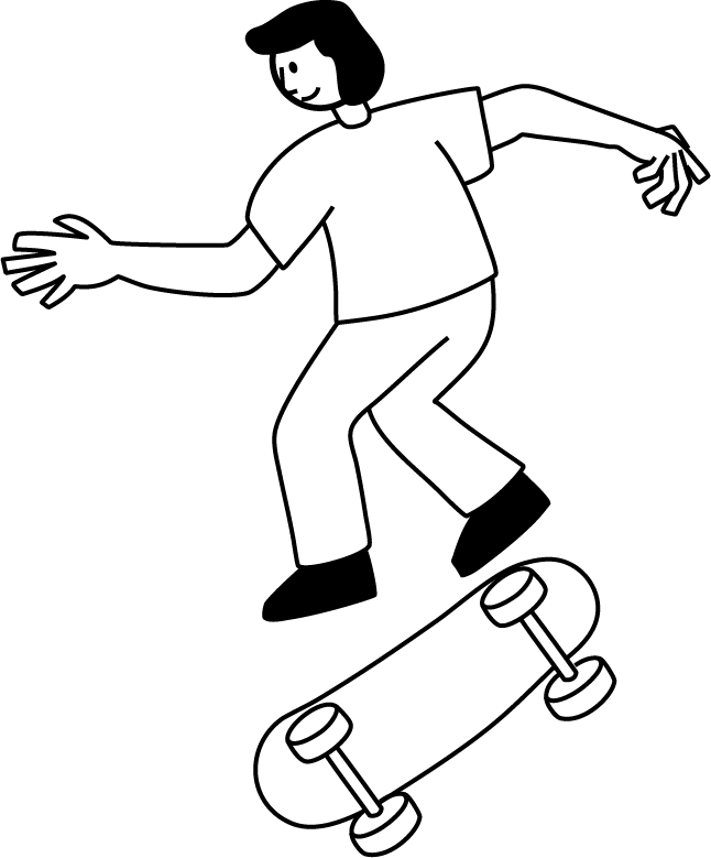 A person riding a skateboard, arms out, balanced